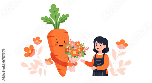 Carrot Presents Floral Arrangement And Offers Generous Gesture To A Young Smiling Woman