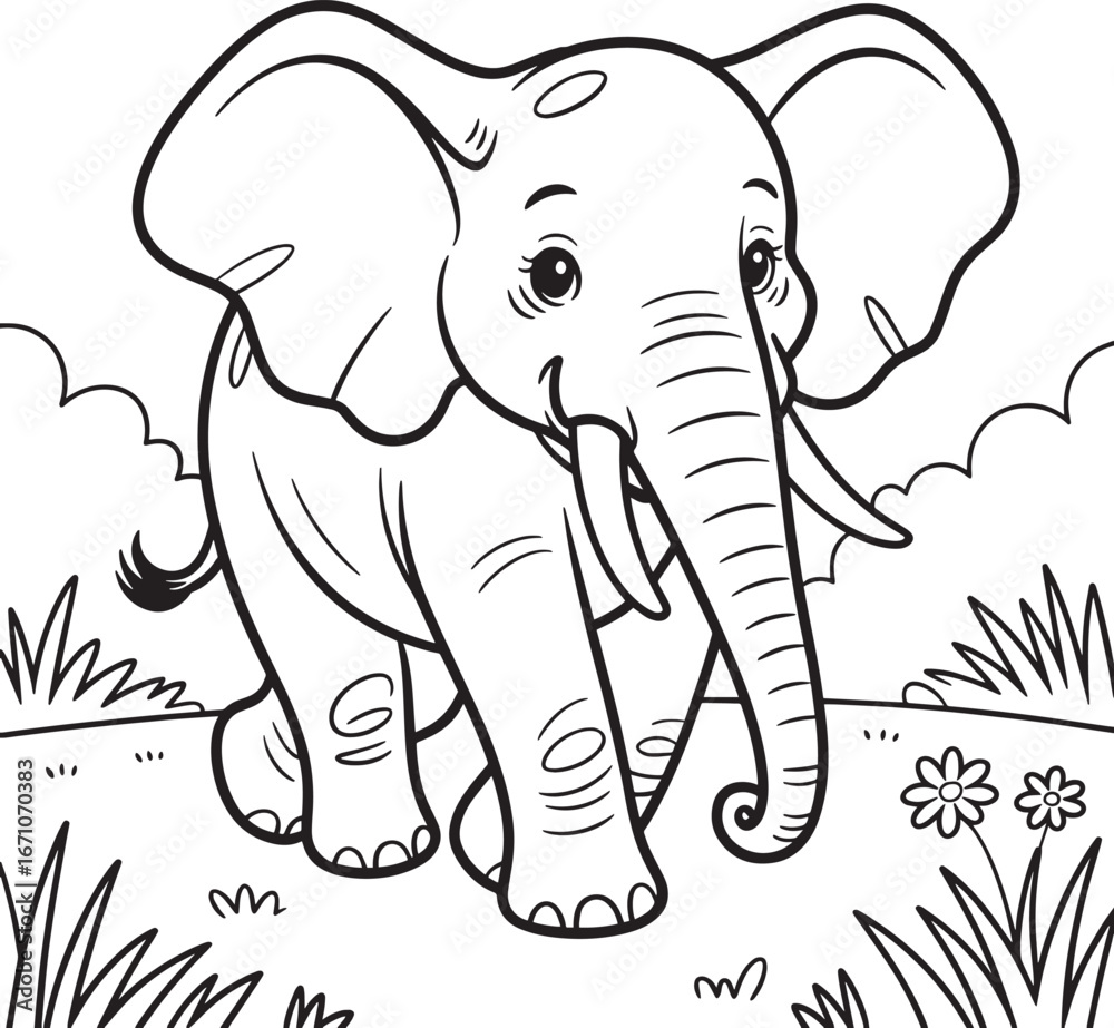 Naklejka premium Cute Elephant Cartoon Illustration with Flowers and Grass in a Natural Setting Art