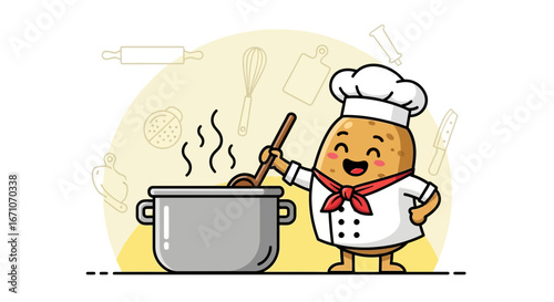 Cheerful Potato Chef in Action Culinary Cartoon Cooking a Delightful Dish for Everyone To Enjoy