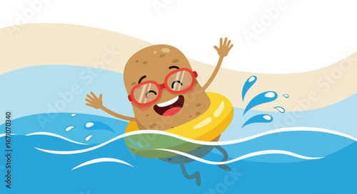 Cheerful Potato Character Enjoys a Refreshing Swim in the Blue Ocean Water at the Beach