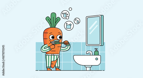 Cartoon Carrot Brushing Teeth in Bathroom, Symbolizing Dental Hygiene and Morning Routine