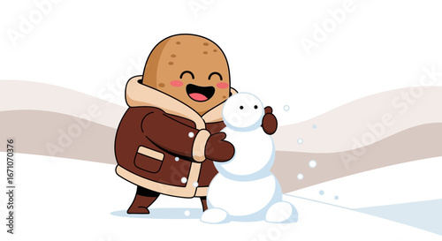 Cheerful Potato Person Constructing Snowman In A Winter Wonderland Environment