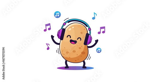 Cheerful Potato Wearing Headphones and Dancing to Music Against a White Backdrop
