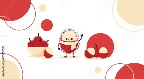Cheerful Rambutan Cartoon Characters and Artistic Geometric Background Composition