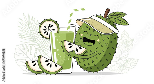 Cheerful Soursop Mascot Enjoying Fresh Juice, Illustration of Tropical Flavors and Delights