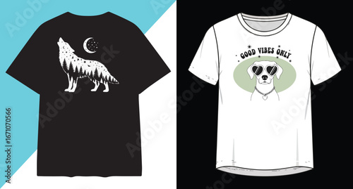 Two t-shirts one black with wolf graphic the other white with panda graphic
