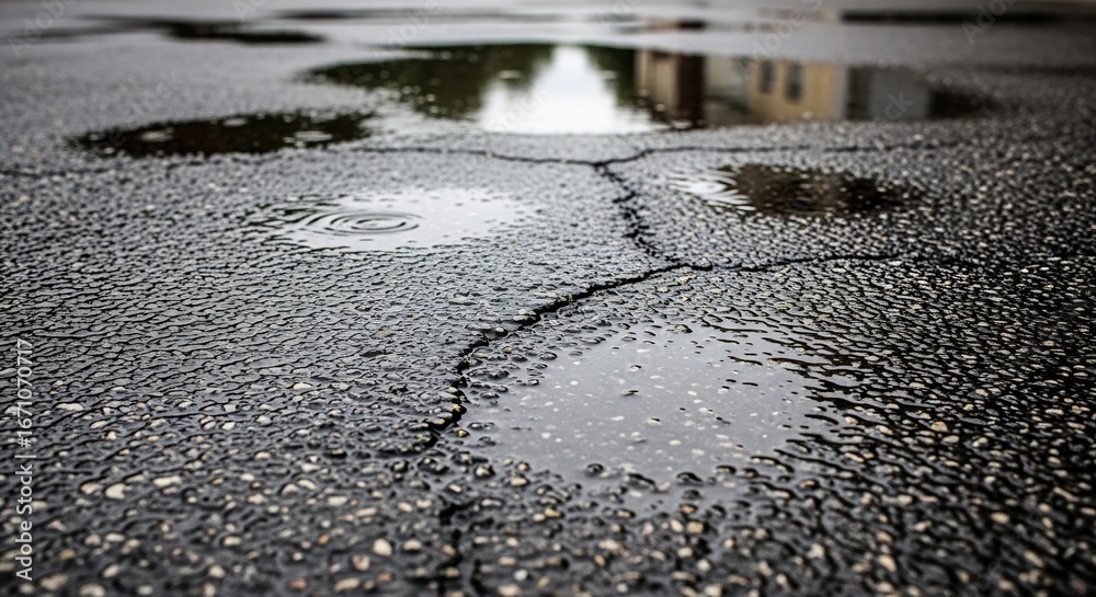 Fototapeta premium Cracked asphalt surface with puddles and reflections after rain
