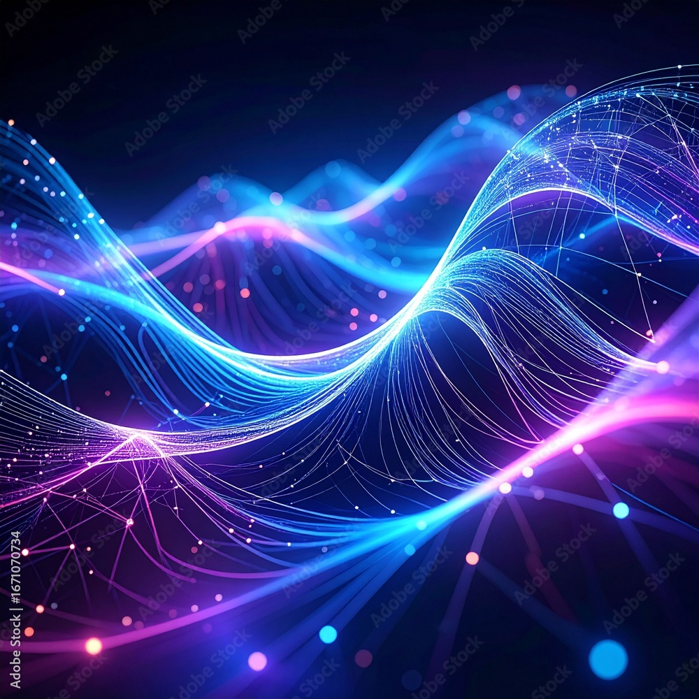 Fototapeta premium Abstract Digital Wave Pattern in Vibrant Blue Pink Colors with Light Particles