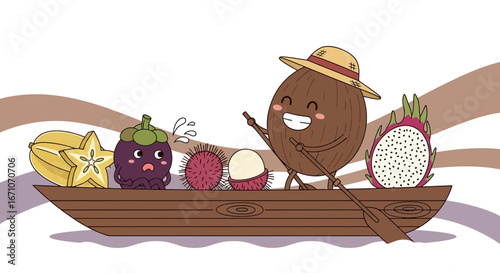 Cheerful Tropical Fruits Embark on Boat Adventure, Creating Delightful Illustration