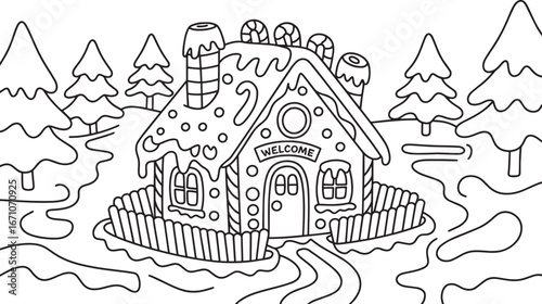 Gingerbread House in Winter Forest Line Art Whimsical Holiday Scene for Coloring Books