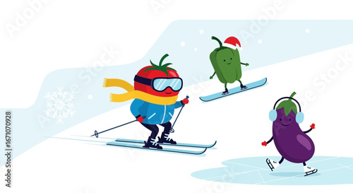 Cheerful Vegetables Skiing, Snowboarding, and Ice Skating in a Winter Wonderland Scene