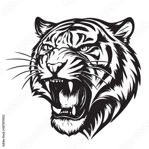 Vector illustration of a roaring tiger head, designed in black and white style, emphasized with bold black outlines, symbolizing strength, power, and wild nature.