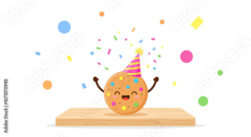 Celebratory Cookie Character Celebrating With Sprinkles And Party Supplies