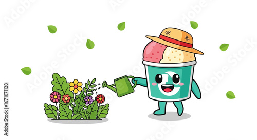Charming Dessert Treat Watering Flowers and Promoting Green Oasis Happiness in Sunny Day