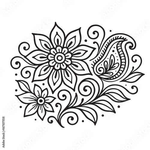 Elegant vintage ethnic vector illustration of floral carvings, created in minimalist black and white, enhanced with solid bold black outlining for timeless appeal.