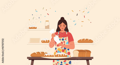 Baker Decorating A Cake With Creativity And Skill In A Warm And Inviting Kitchen Setting