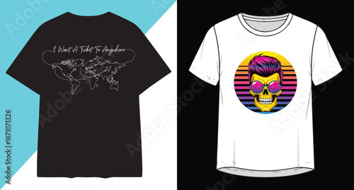Retro synthwave skull t-shirt design with neon grid and vibrant sunset