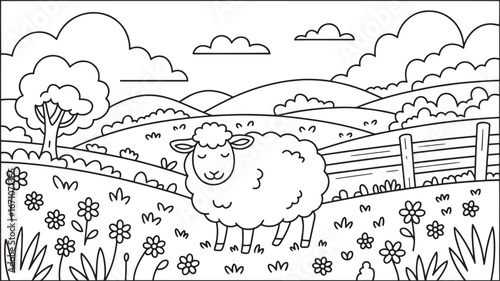 Pastoral Sheep Landscape Outline Drawing with Rolling Hills and Flowers Coloring Page Design