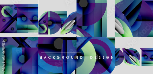 Abstract geometric composition. Blue, purple hues dominate design. Modern aesthetic, dynamic shapes create visual interest. Background features text.