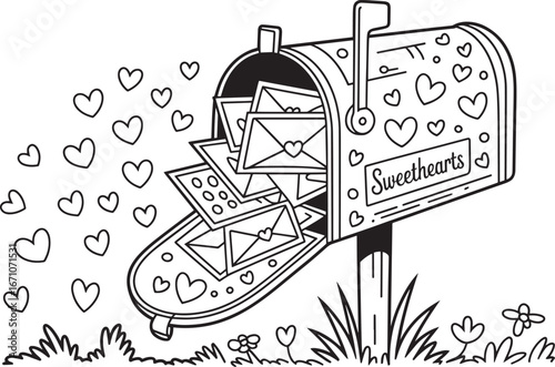Sweethearts Mailbox Overflowing with Letters Outline Drawing for Coloring Page Illustration