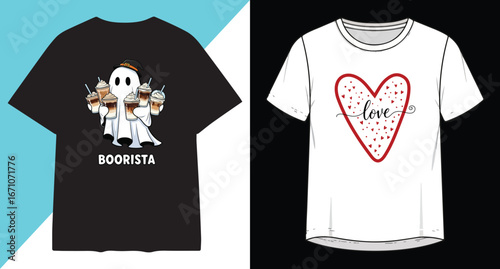 Two t-shirt designs one black with ghost graphic other white with heart graphic