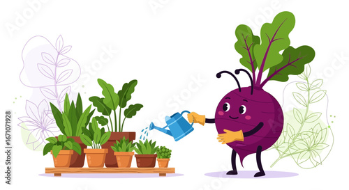 Animated Beetroot Character Watering Plants Cartoon, Perfect For Gardening And Horticultural Themes