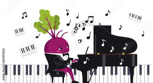 Animated Beetroot Maestro Performing Classical Music on a Grand Piano with Musical Notes