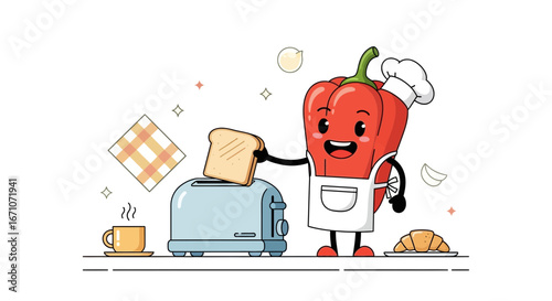 Animated Bell Pepper Chef Prepares Tasty Breakfast with Toast And Warm Coffee