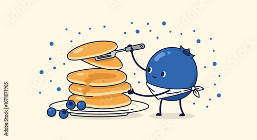 Animated Blueberry Character Serving Pancakes With Delicious Syrup And Berries