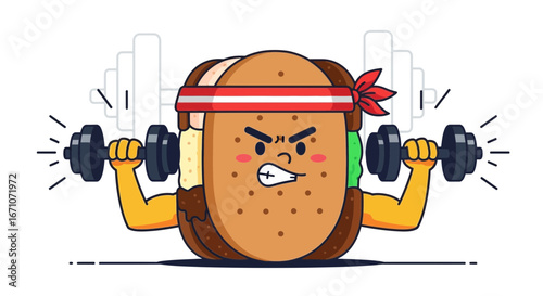 Animated Burger Personification Lifting Weights With Determined, Energetic, and Muscular Vibe