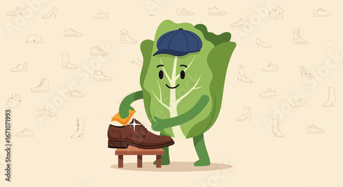 Animated Cabbage Character Polishing Antique Leather Shoe With Shoe Fashion Background