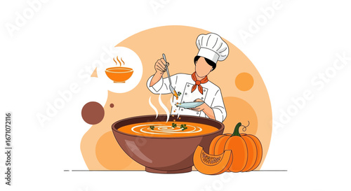Animated Chef Preparing Delicious Pumpkin Soup With Fresh Ingredients For Autumn Season
