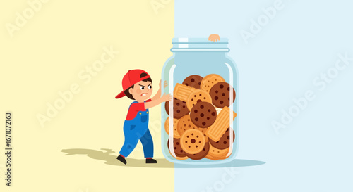 Animated Child Trying To Reach Cookies Inside The Jar, Desperate And Determined