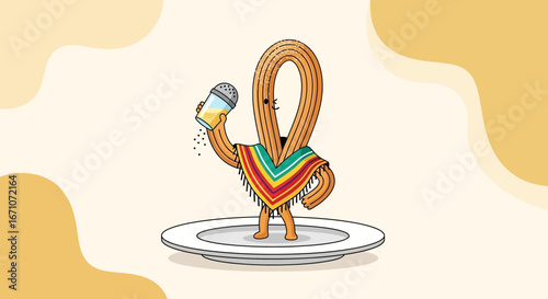 Animated Churro Character Dressed In Festive Cloth Pouring Salt Deliciously