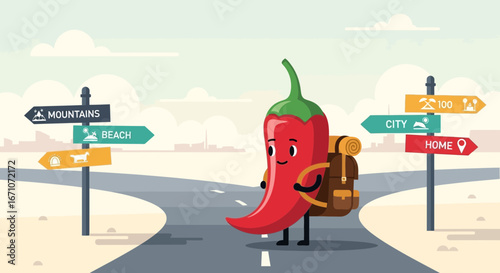 Animated Chili Pepper Deciding Between Destinations, Preparing For a Journey Outdoors