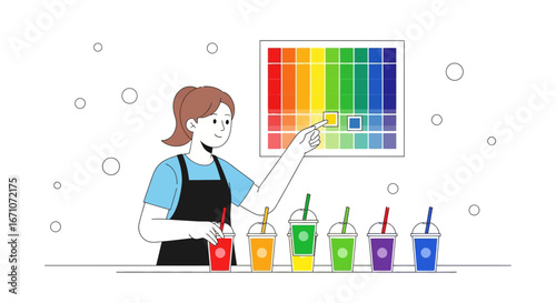 A Barista Selecting Colors For Drinks From Palette With Colorful Cups Displayed