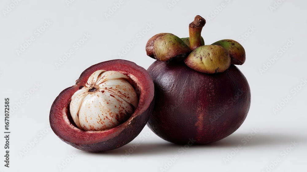 Fototapeta premium Mangosteen fruit, one whole and one halved, on a white background
