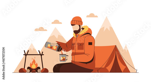 Animated Illustration Of Camper Enjoying Hot Drink Near Campfire In The Mountains