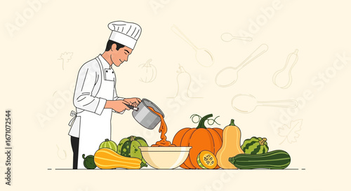A Chef Crafting Delicious Vegetable Soup in a Modern Kitchen Environment Illustration