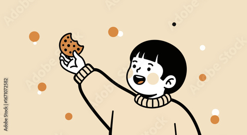 A Child Delighted by Chocolate Chip Cookie in Cheerful, Minimalist Illustration