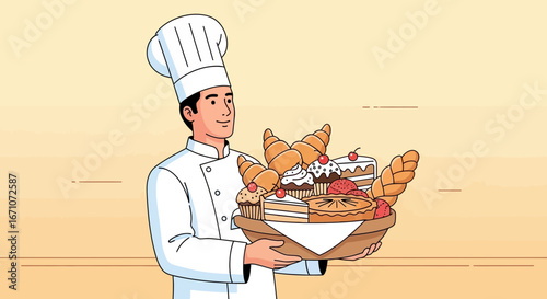 A Chef Presenting a Tray of Baked Goods, Ideal for Culinary and Baking Concepts