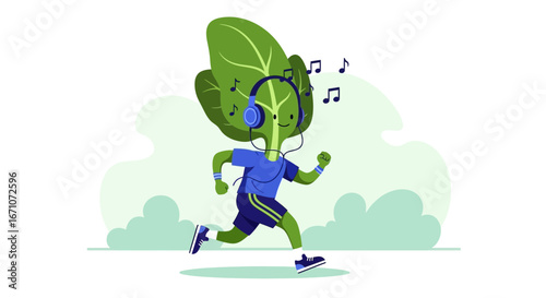 Animated Leaf Character Running With Music Symbolizing Active Lifestyle and Well-being