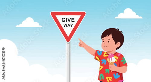 A Child Pointing To A Give Way Sign, Holding An Ice Cream Cone While Enjoying Summer Days
