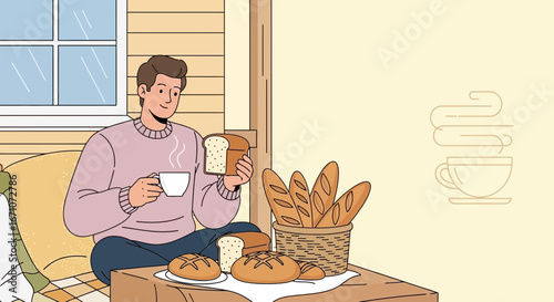 Animated Man Relaxes With Coffee And Freshly Baked Bread At Home In The Morning