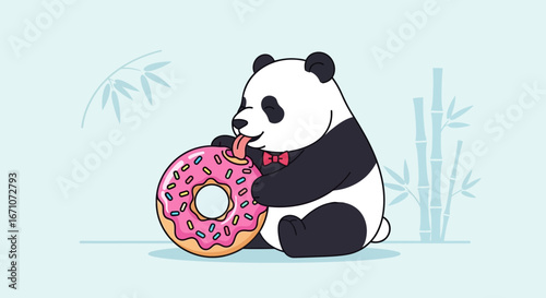 A Dapper Panda Delighting in a Sprinkled Doughnut, Embracing Sweet Moments Together
