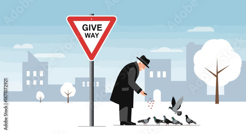 A Gentleman Gives Food To Pigeons Near The Give Way Sign In A Winter Scene