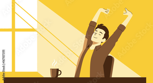 A Happy Morning: Young Person Stretches after Coffee Brewing, bathed in Sunlight, and Smiling
