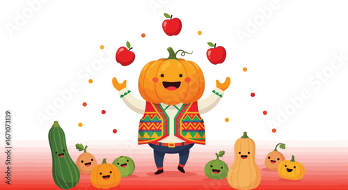 A Happy Pumpkin Juggles Apples with Diverse Vegetable Companions on White Background