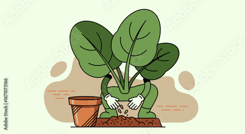 Animated Plant Person Planting Seeds Into Soil Near A Decorative Terra Cotta Pot
