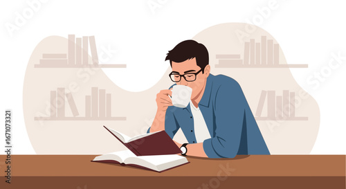 A Man Reading Book And Drinking Coffee, Enjoying Leisure In The Comfort Of Home